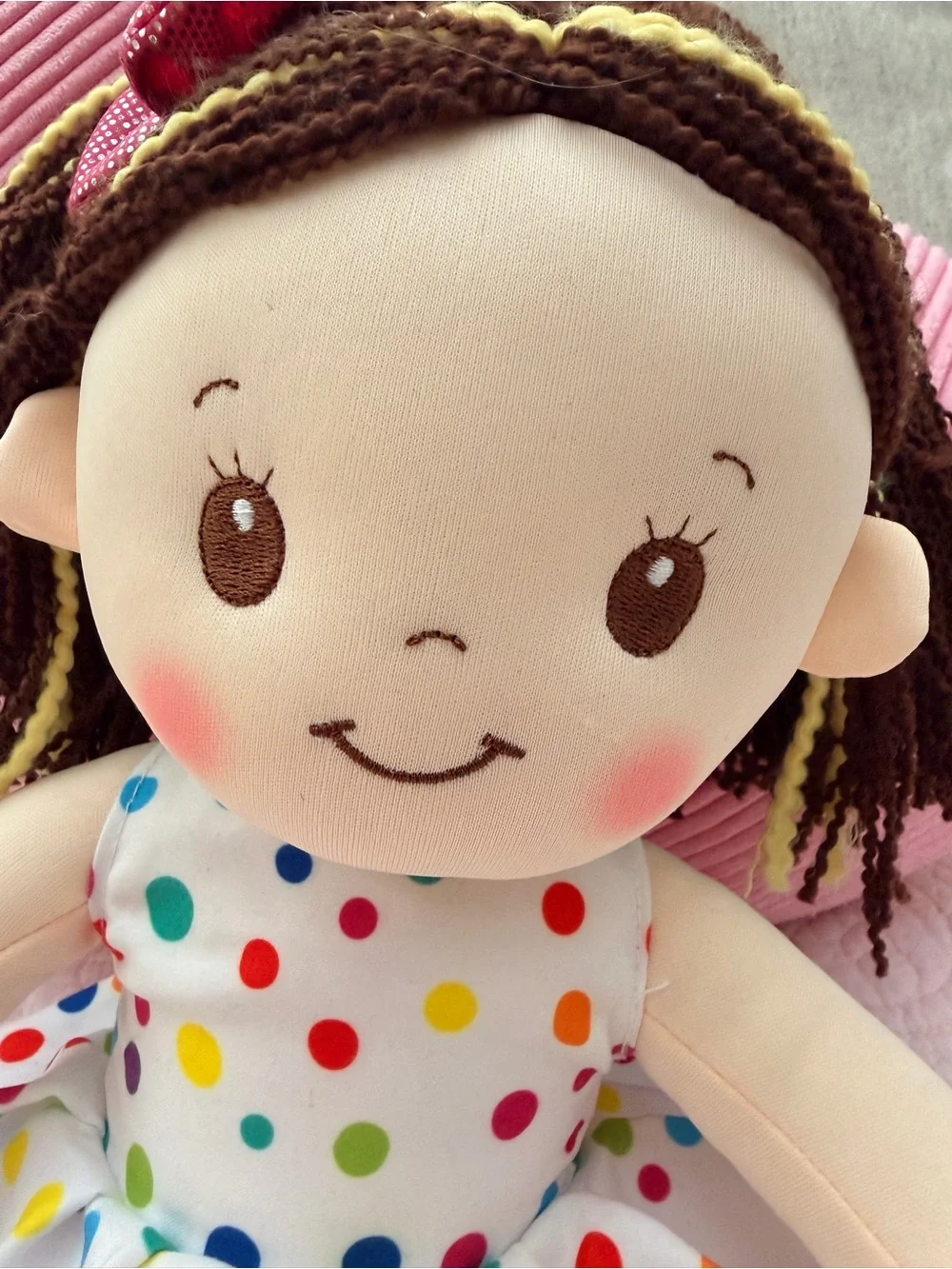 Polka Dot Dress Plush Girl Doll with Pink Shoes